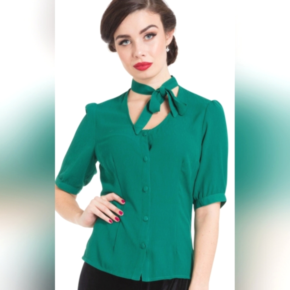 Voodoo Vixen Clara retro pinup tie neck blouse top, teal, button up, small